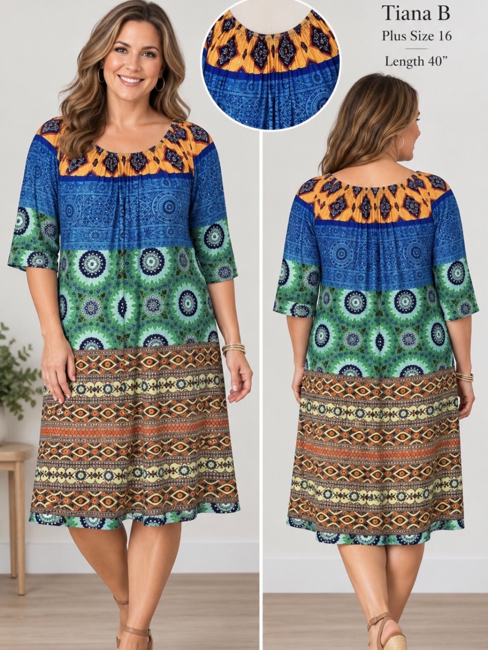Tiana B Bohemian Shift Dress Plus Sz 16 Colorful Flowy Jersey Fabric Scoop Neck